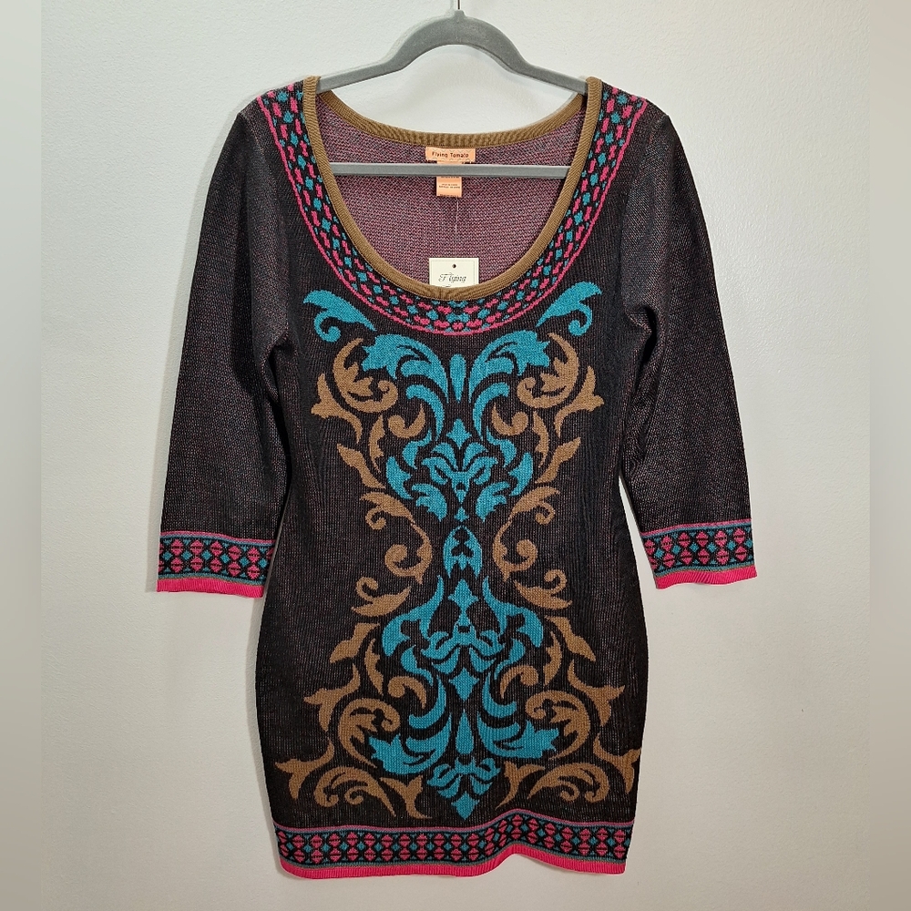 NWT FLYING TOMATO Multicolor Teal Pink Asymmetrical Midi Sweater Dress Medium - Picture 1 of 14